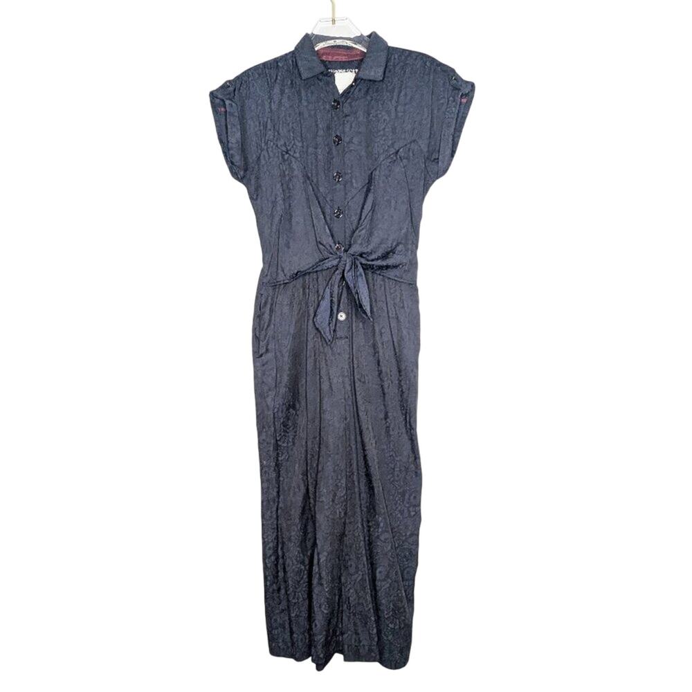 Anthropologie Ettitwa Navy Blue Floral Print Jumpsuit Short Sleeve Button Up 2